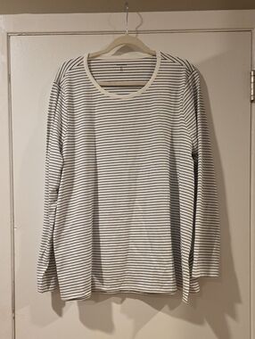 Women's Long Sleeve Crewneck Tee - White with Black Stripes